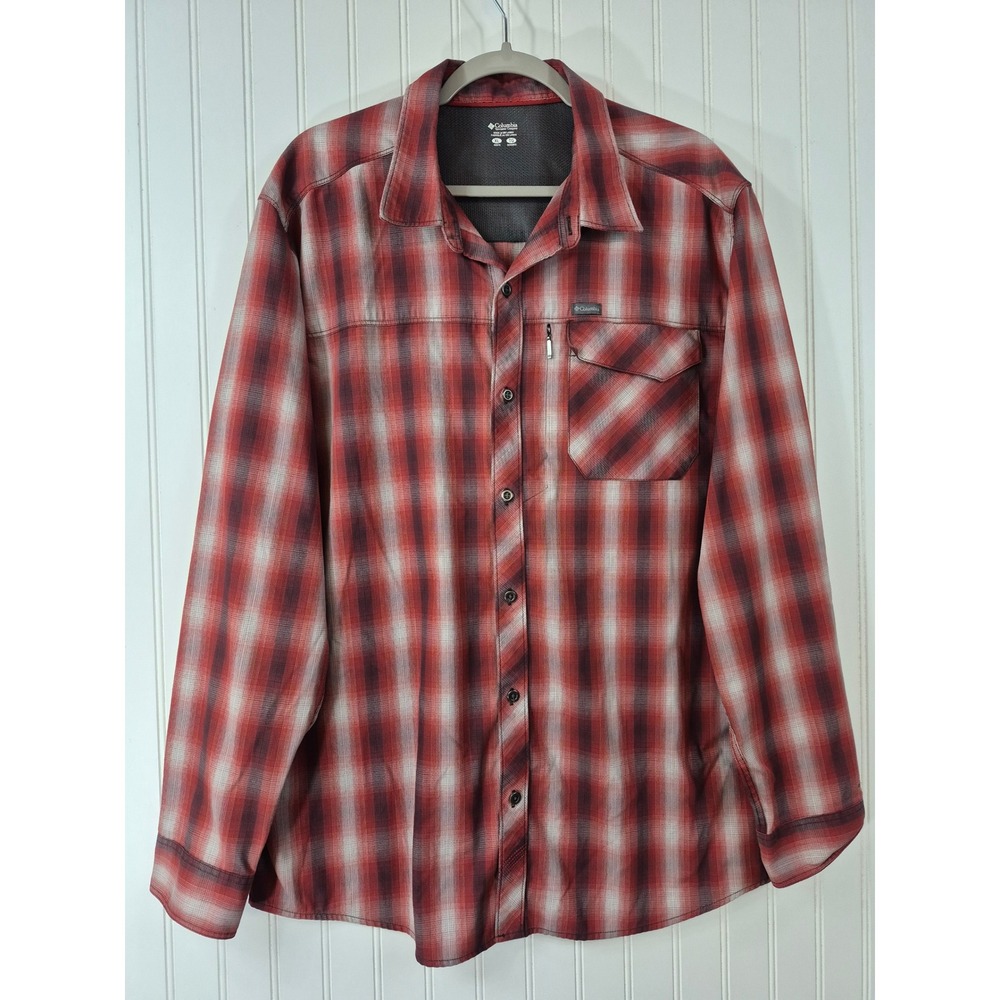 Columbia Mens XL Red Plaid Long Sleeve Button Down Shirt Outdoor Hiking Active